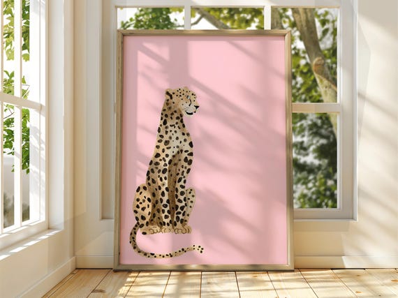 Pink Cheetah Poster Wall Art Animal Illustration Tiger Bright Home Decor Print