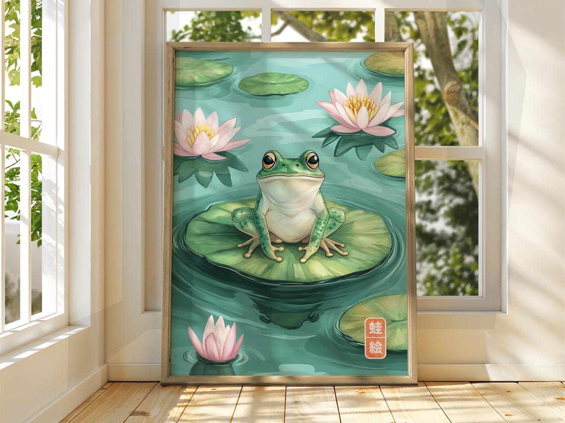 Smiling Frog on a Lily Pad in a Pond with Lotus Flowers Poster