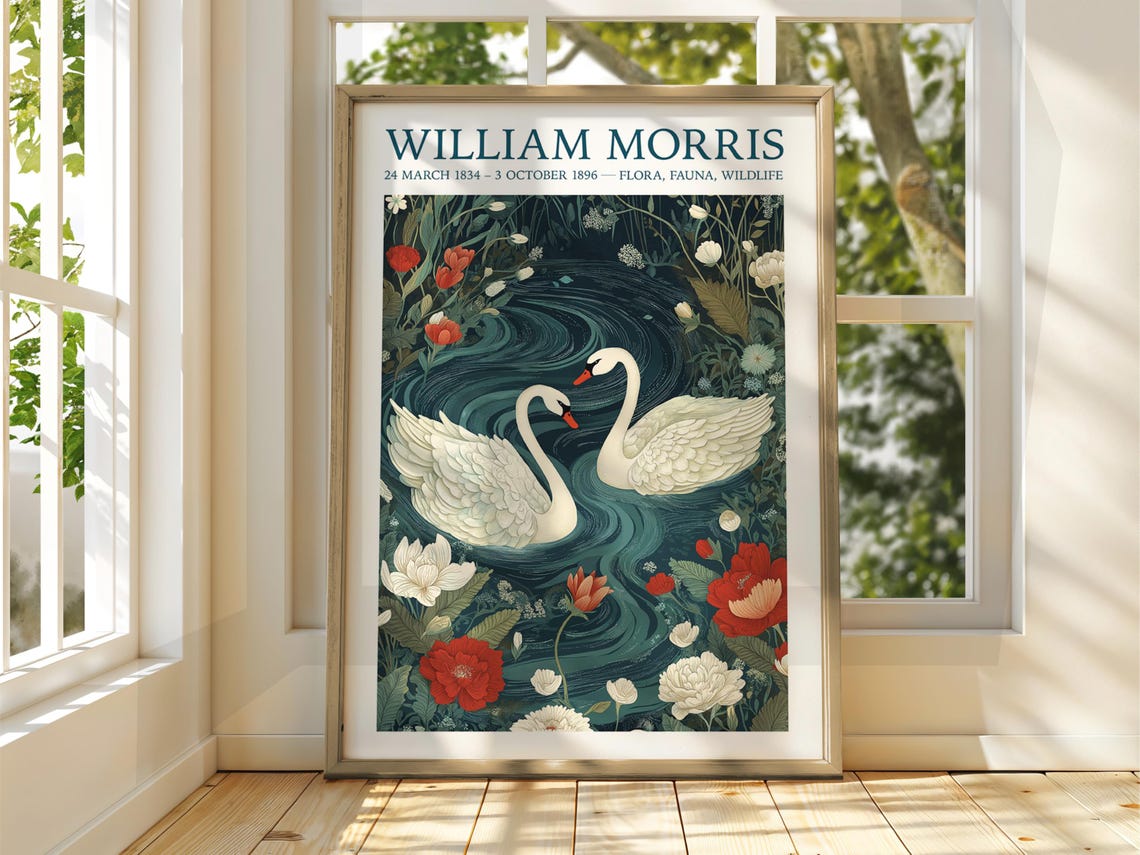 William Morris Twin Swans Moonlit Pond Floral Exhibition Poster