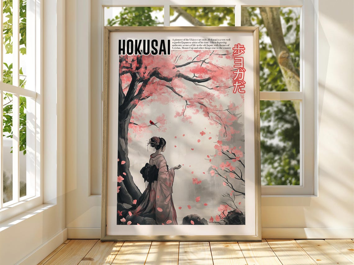 Hokusai Cherry Blossom Kimono Geisha Pink Ukiyo E Style Poster