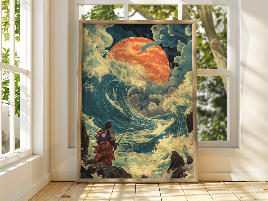 Japanese Samurai Great Wave Poster Red Moon Ukiyo-e Warrior Art