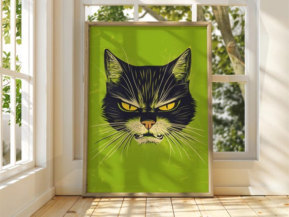 Angry Green Cat Poster Wall Art Illustration Fun Animal Feline Decor Kitten Black Pet