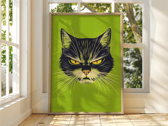 Grumpy Black Cat Judgmental Face Lime Green Pop Art Feline Poster