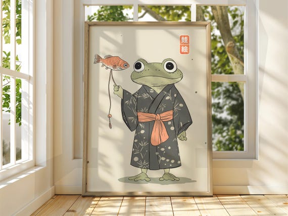 Japanese Vintage Frog Art Matsumoto Hoji Wall Animal Poster Funny Print Fish