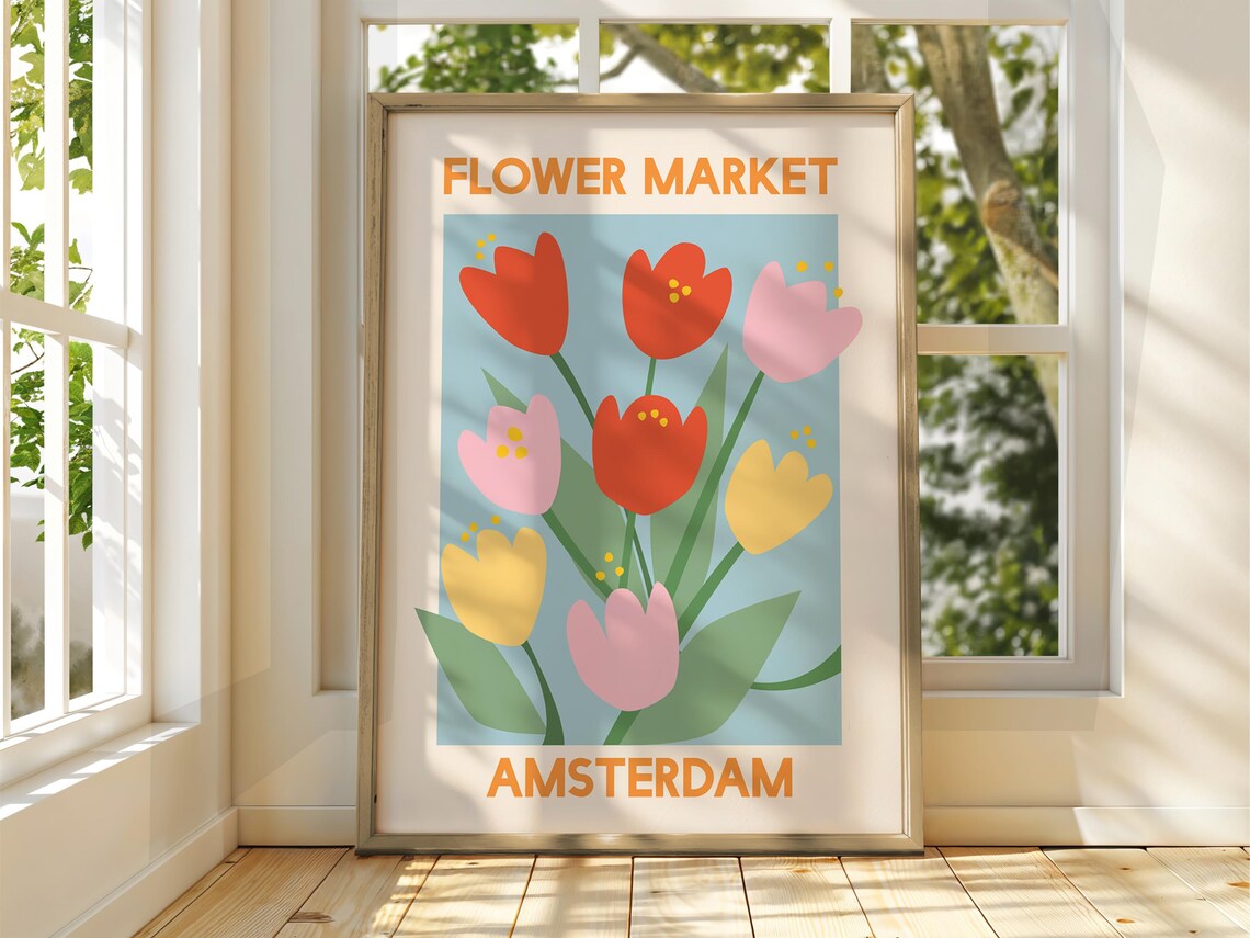 Amsterdam Flower Market Poster Bold Red Tulips Retro Botanical Art