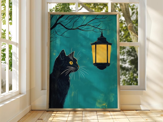 Black Cat by Glowing Lantern Teal Night Sky Vintage Illustration Poster