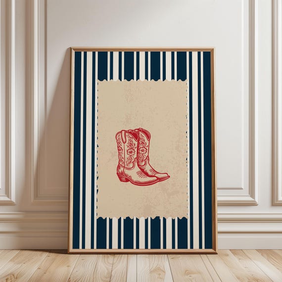 Physical Poster Vintage Striped Rodeo Print Western Bedroom Cowboy Boots Wall Art Red Navy Rustic Mid Century Retro