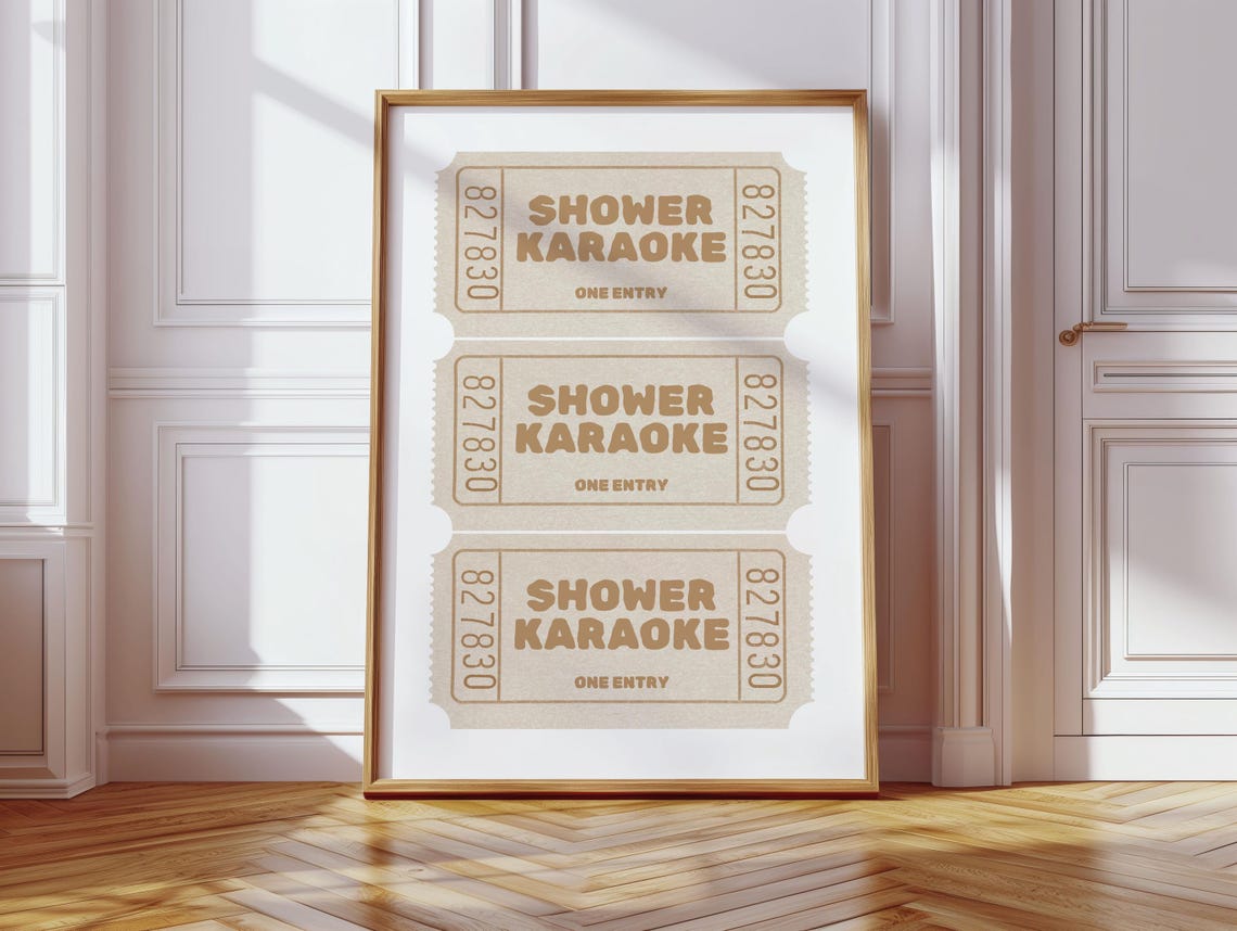 Beige Triple Shower Karaoke Ticket Funny Bathroom Decor Poster