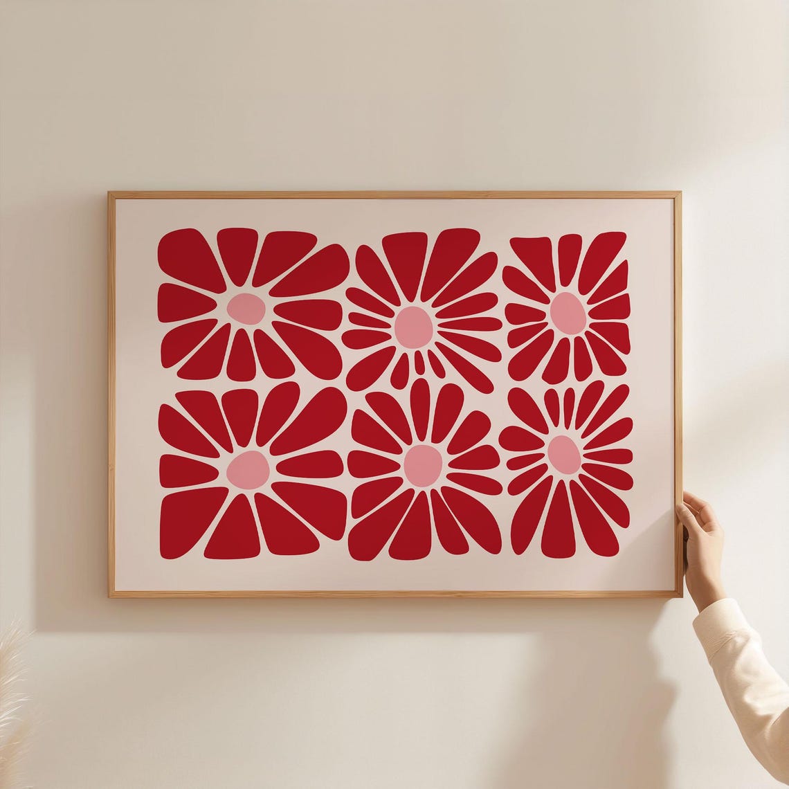 Retro Red Poppy Flower Grid Maximalist Colorful Botanical Wall Art
