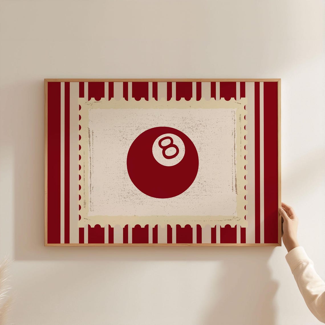 Red Lucky Eight Ball Postage Stamp Style Striped Vintage Poster