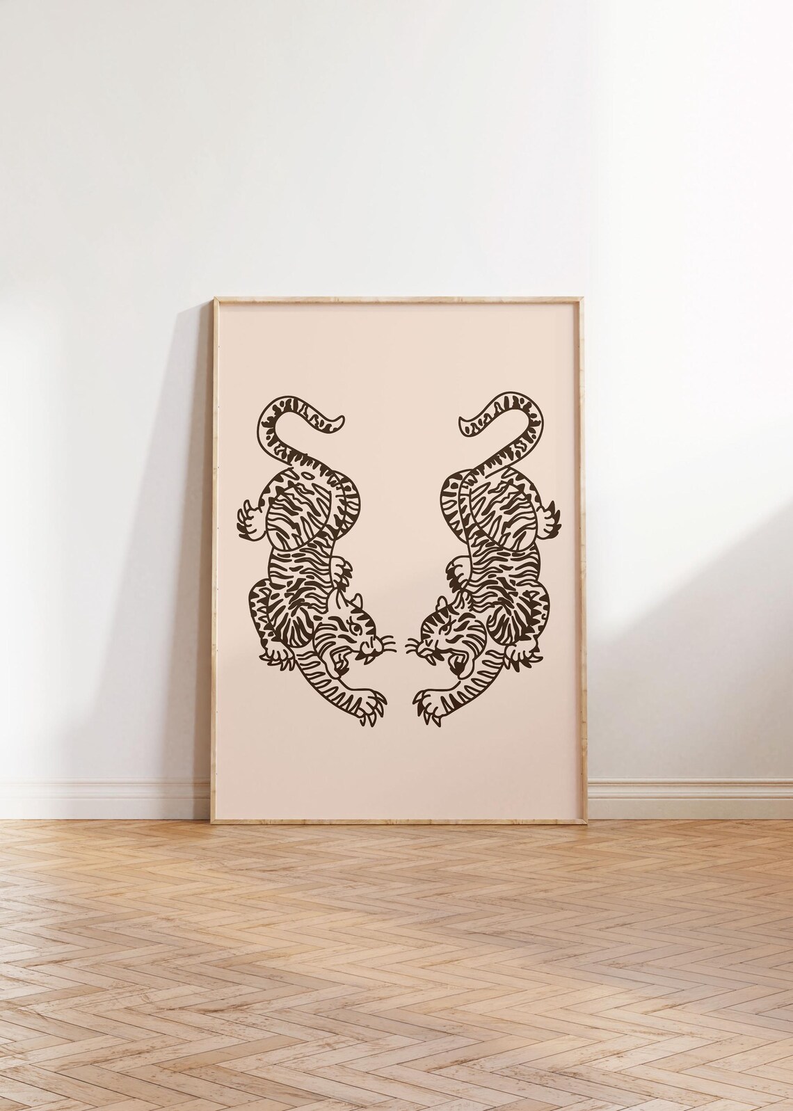Twin Tigers Japanese Style Black Ink Animal Illustration Art Poster