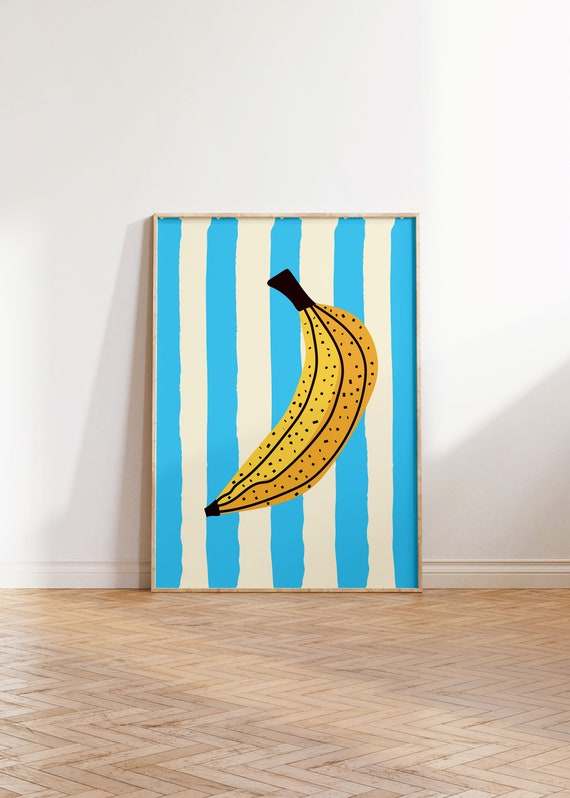 Retro Banana Stripes Wall Art In Yellow And Blue Pastel Decor Prints Home Trendy Food Fruit Colourful Print
