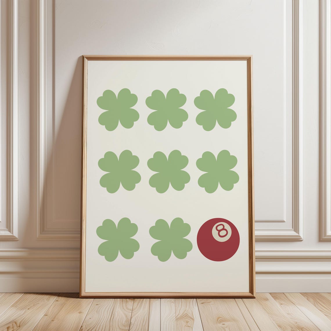 Lucky Green Four Leaf Clovers Grid With Red 8 Ball Retro Print