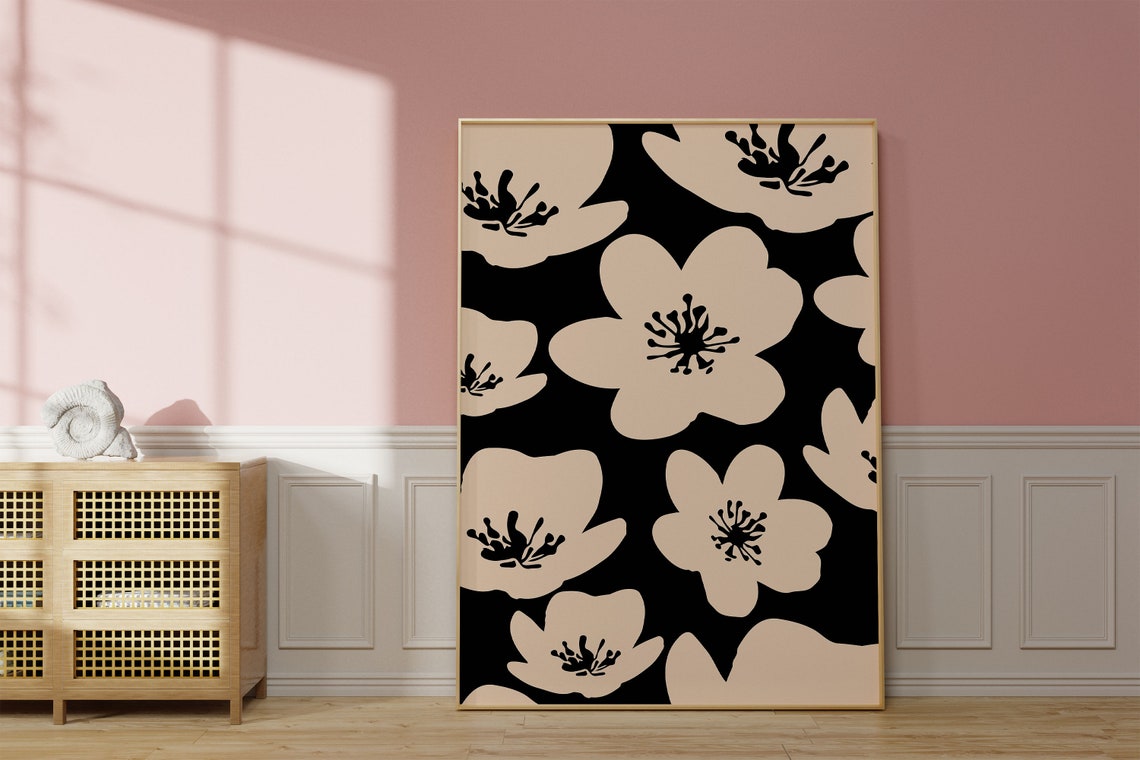 Black and Beige Wavy Floral Abstract Botanical Japanese Style Poster