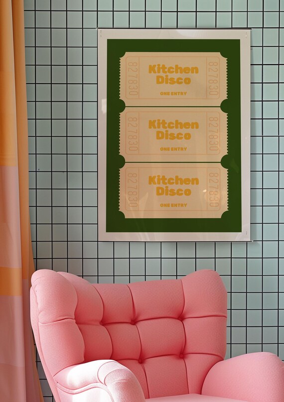 Vibrant Colourful Retro Kitchen Disco Dancing Funny Ticket Print In Green And Yellow Wall Decor Prints Trendy Art
