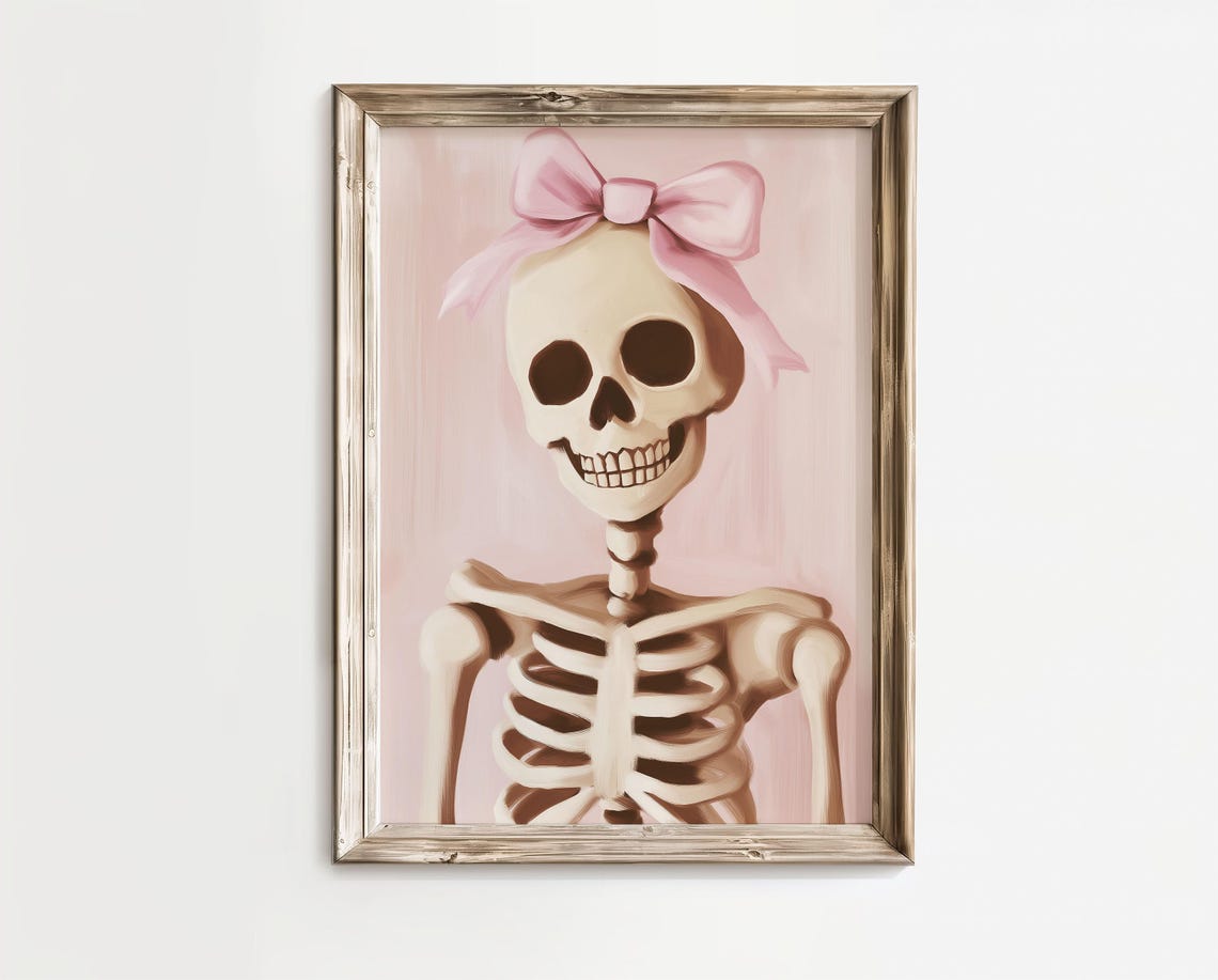 Coquette Halloween Skeleton with Pink Bow Spooky Cute Wall Art