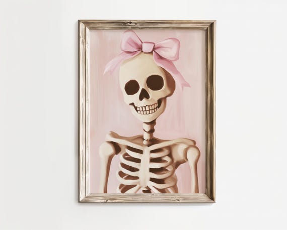 Halloween Skeleton With Pink Bow Art Print Vintage Oil Painting Cute Girly Spooky Wall For Bedroom Coquette