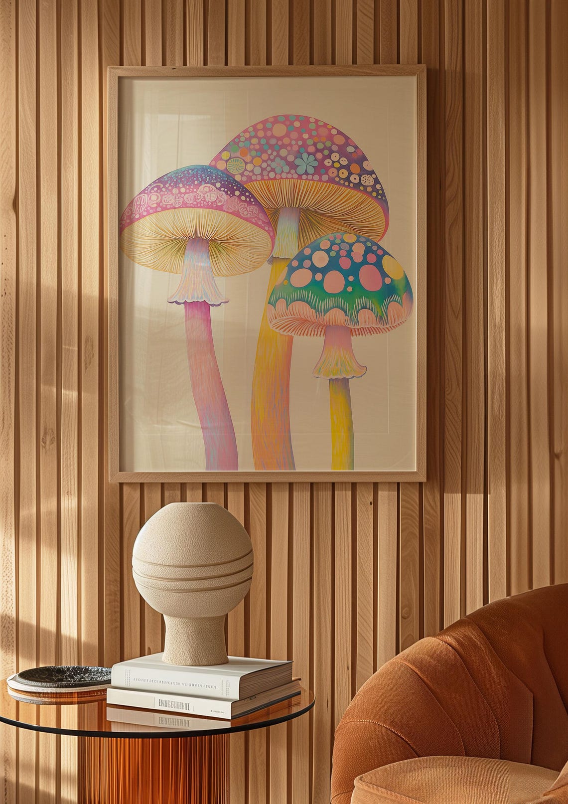 Pastel Polka Dot Mushroom Trio Whimsical Botanical Art Poster