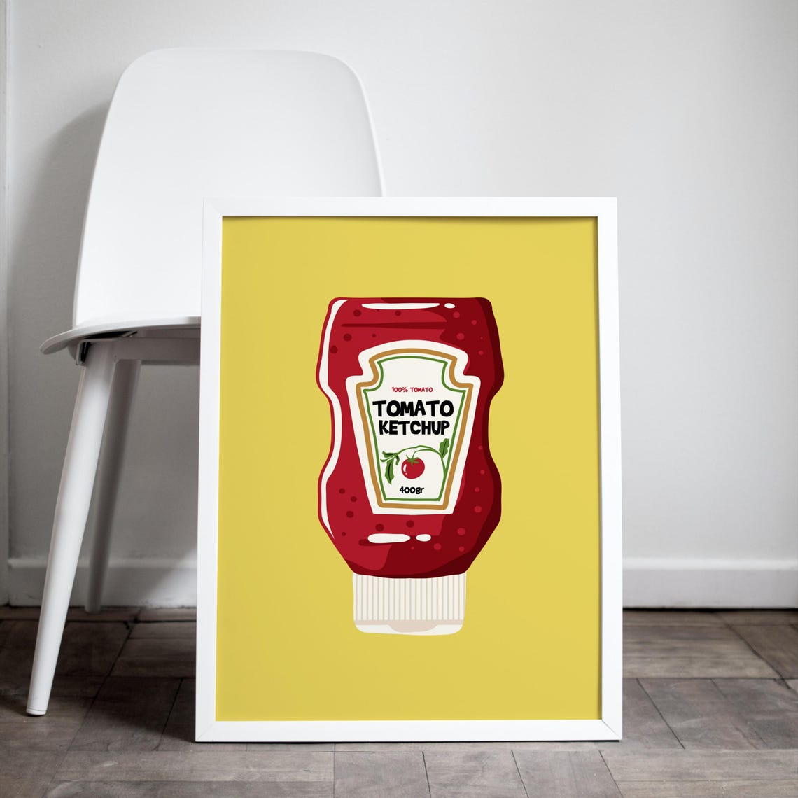 Retro Tomato Ketchup Bottle Pop Art Mustard Yellow Kitchen Poster