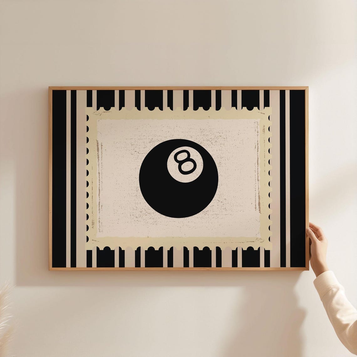 Black Lucky Eight Ball Postage Stamp Style Striped Vintage Poster