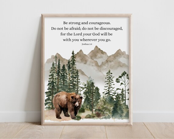 Joshua 19 Be Strong And Courageous Bible Verse Wall Art Christian Gift Scripture Print Wildlife Animal Watercolor Mountain Forest