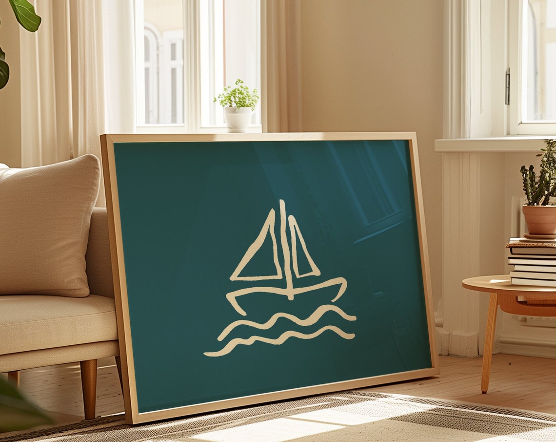 Minimalist Sailboat Line Art Cream Dark Teal Coastal Horizontal Poster