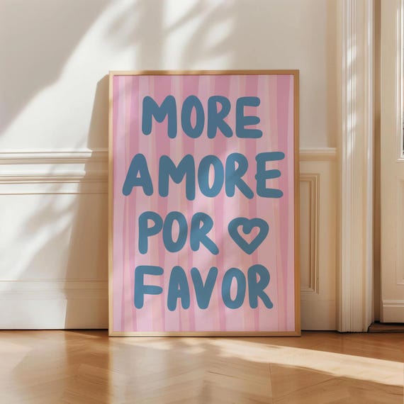 More Amore Por Favor Pink Quote Wall Art Print Trendy Stripes Decor Girly Dorm Room Bedroom Poster Cute