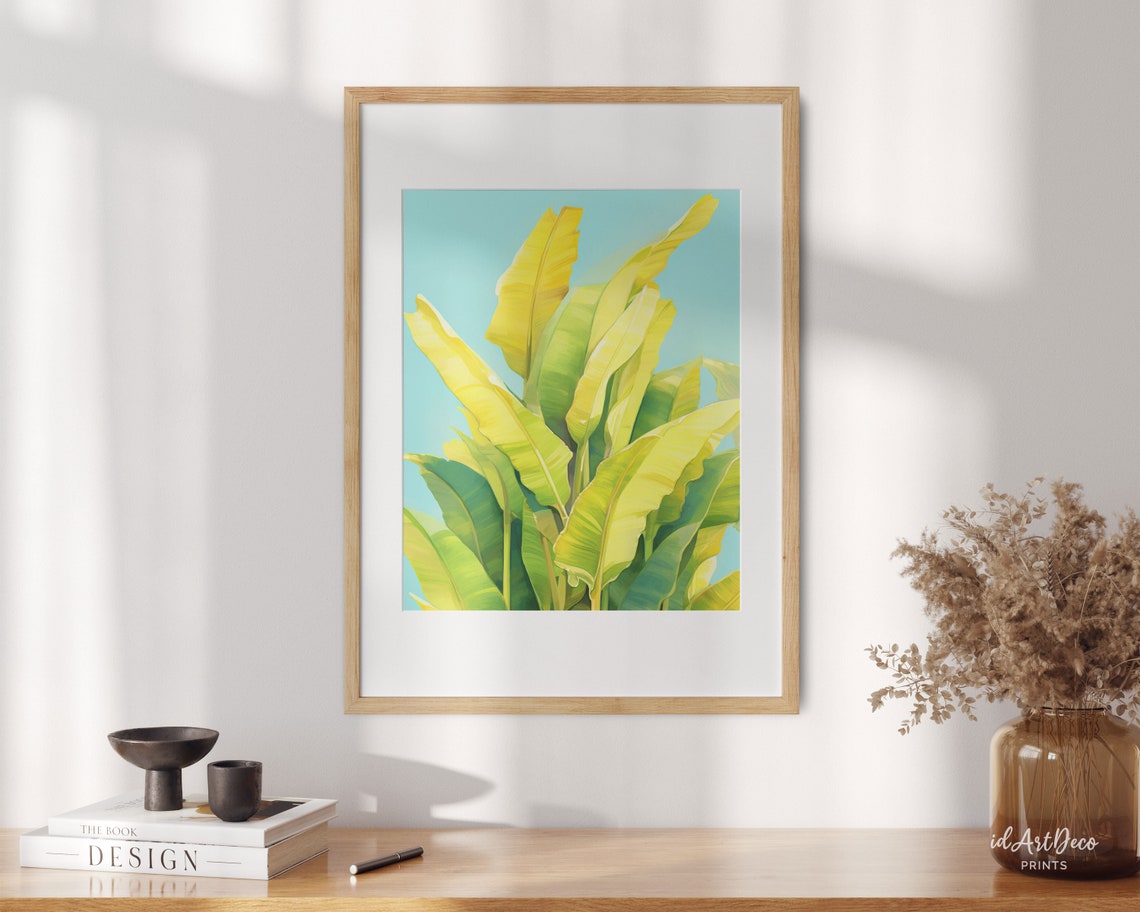 Vibrant Banana Leaf Painting Turquoise Sky Tropical Botanical Poster - Image 3