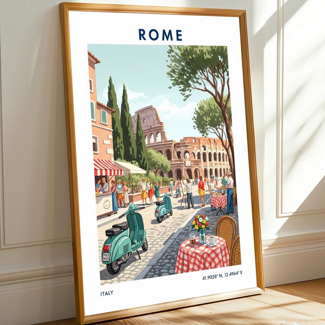 Rome Italy Colosseum Vespa Scooter Cafe Scene Vintage Poster