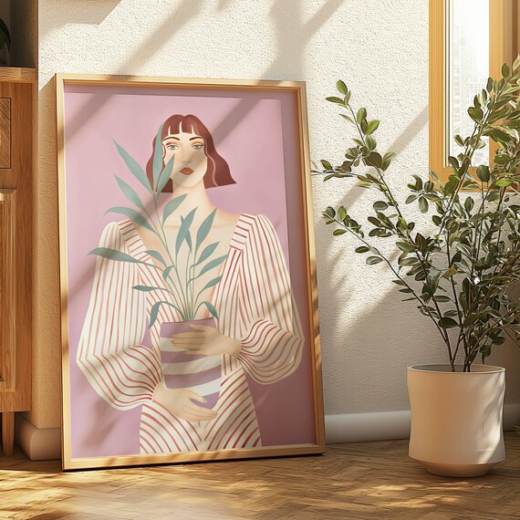 Pastel Pink Woman With Plant Print Modern Abstract Female Portrait Decor