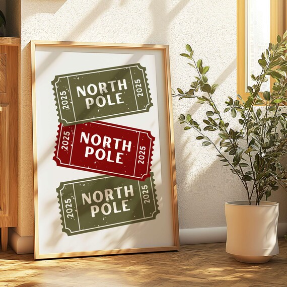 North Pole 2025 Vintage Ticket Stub Christmas Holiday Wall Decor Print