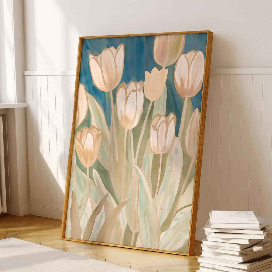 Cream Tulips Teal Background Soft Watercolor Floral Wall Art