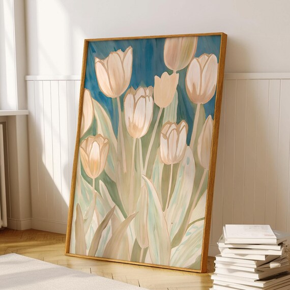 Cream Tulips Teal Background Soft Watercolor Floral Wall Art