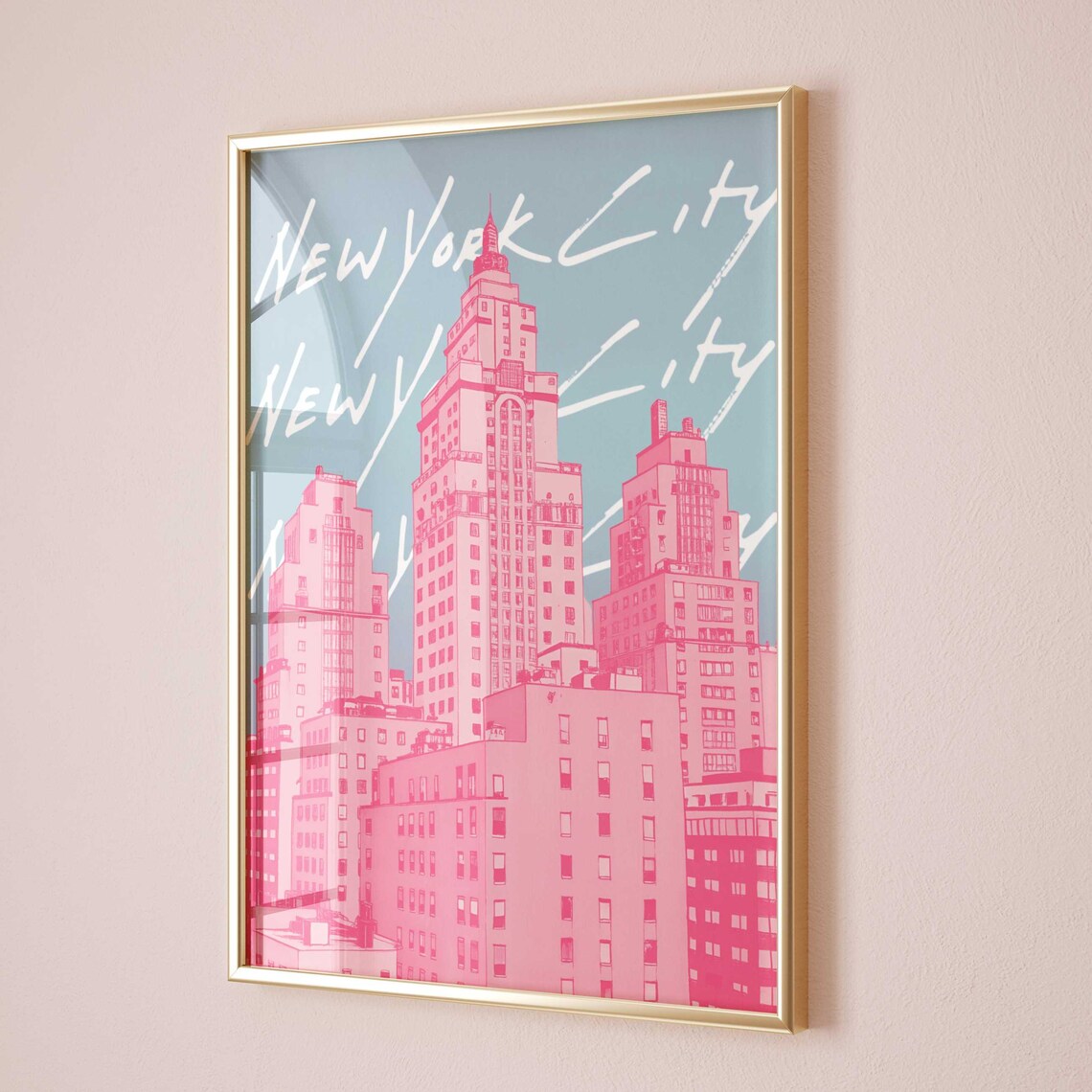 New York City Pink Pop Art Skyline Poster With Manhattan Skyscrapers