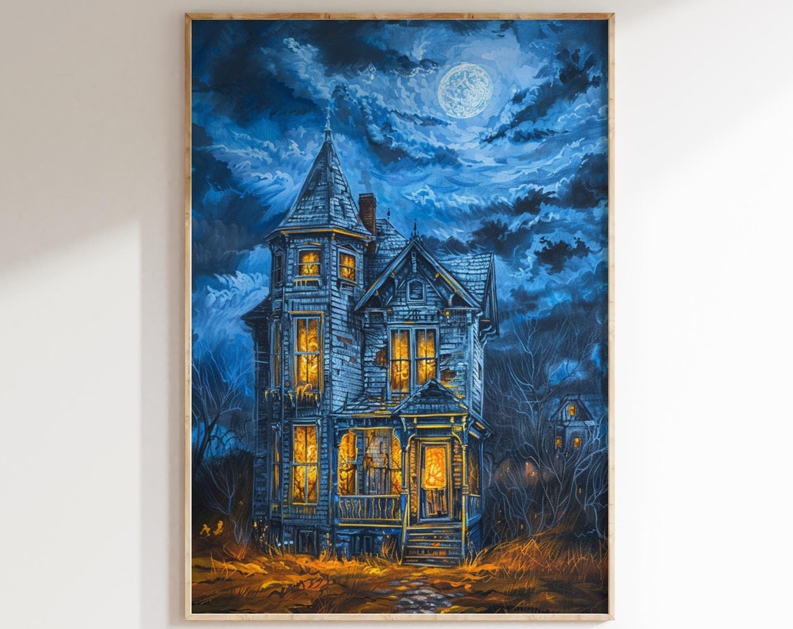 Halloween Wall Art Haunted House Painting Spooky Fall Decor Autumn Artwork Print Dark Academia Moody Decoration
