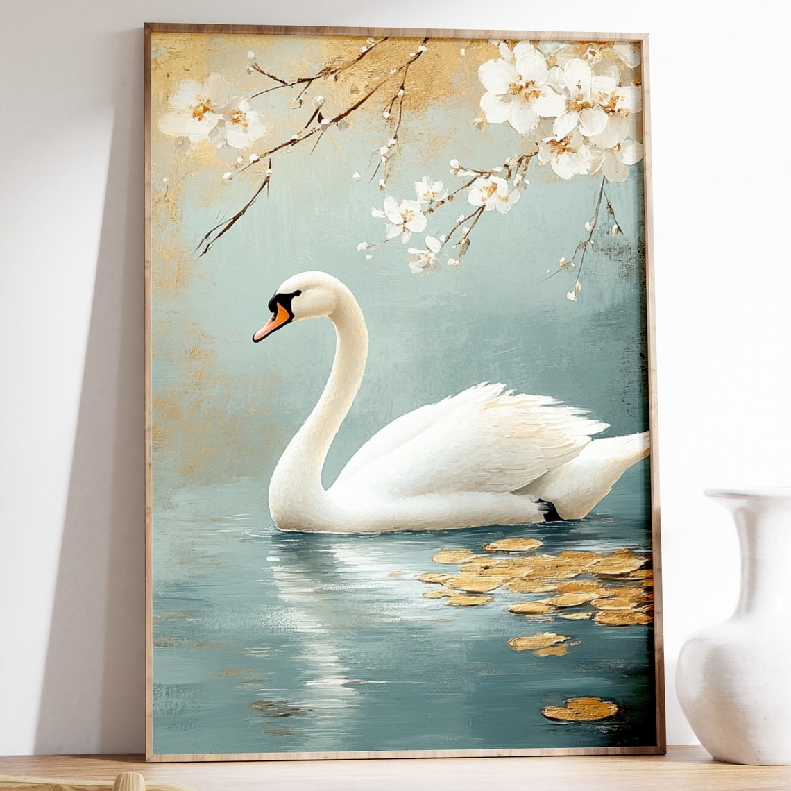 Japandi Style Swan Painting Japanese Swan Print Muted Beige And Gold Tones Antique Japan Bird Painting Modern Japanese Wall Art