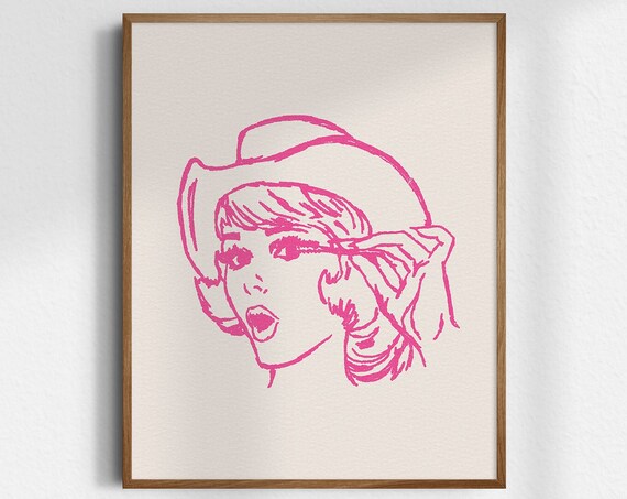 Glam Cowgirl Applying Mascara Pink Retro Line Art Portrait Poster