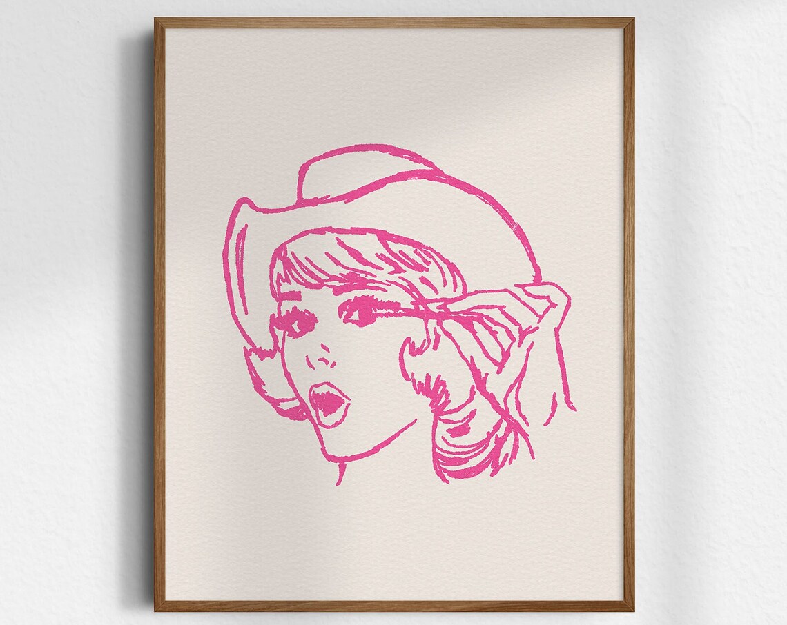 Glam Cowgirl Applying Mascara Pink Retro Line Art Portrait Poster