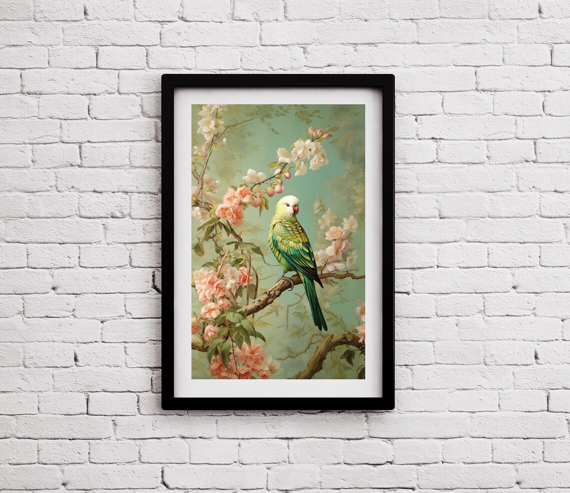 Vintage Green Parrot on Blossom Branch Chinoiserie Style Print - Image 2