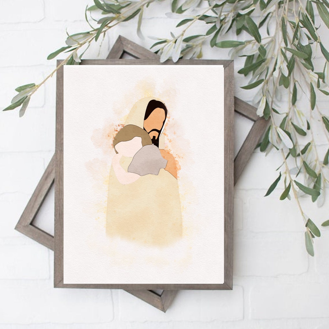 Jesus Embracing a Child Golden Watercolor Christian Wall Poster