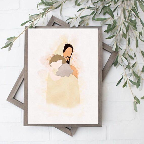 Jesus Embracing a Child Golden Watercolor Christian Wall Poster
