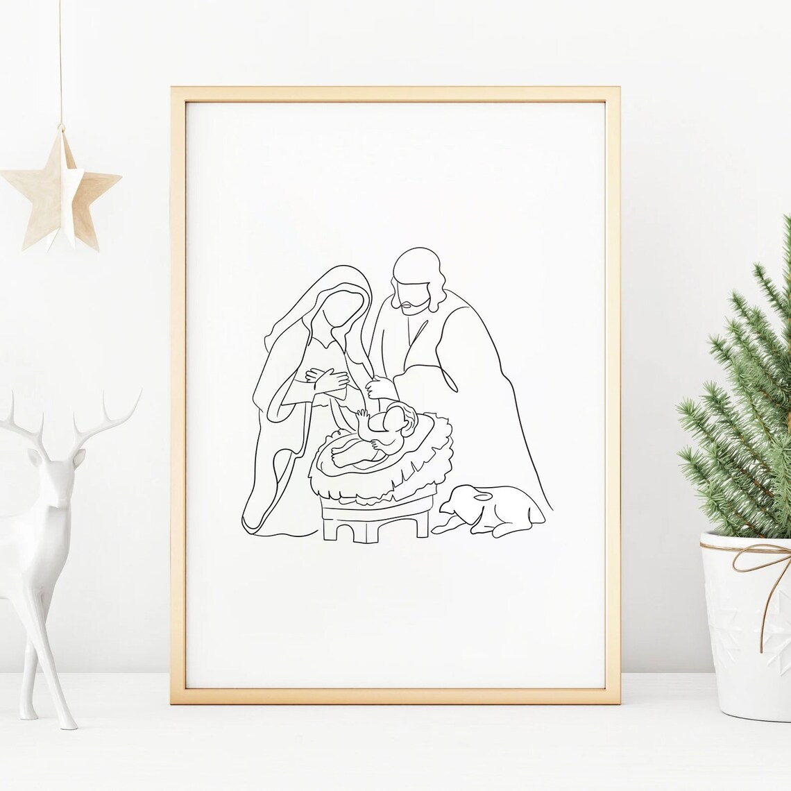 Minimalist Line Art Nativity of Mary Joseph and Baby Jesus Poster