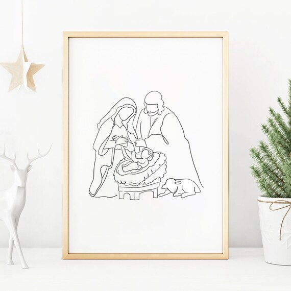 Minimalist Line Art Nativity of Mary Joseph and Baby Jesus Poster