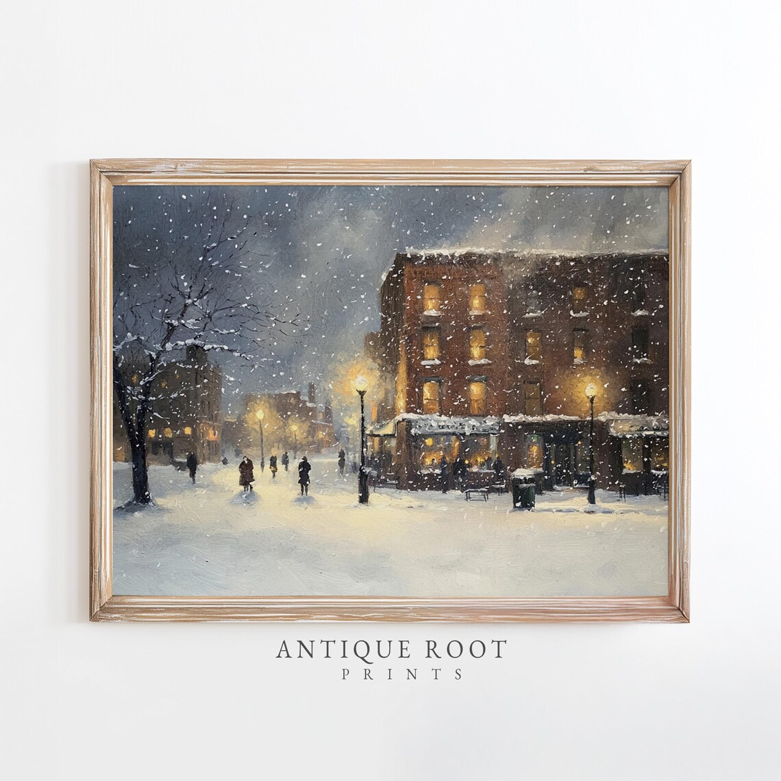 Lamp Lit Snowy Night City Street Vintage Winter Painting Poster