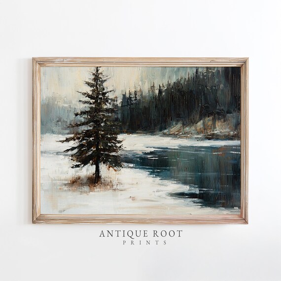 Serene Evergreen Tree Art Print Moody Winter Scene Wall Rustic Minimalist Decor Calm Nature