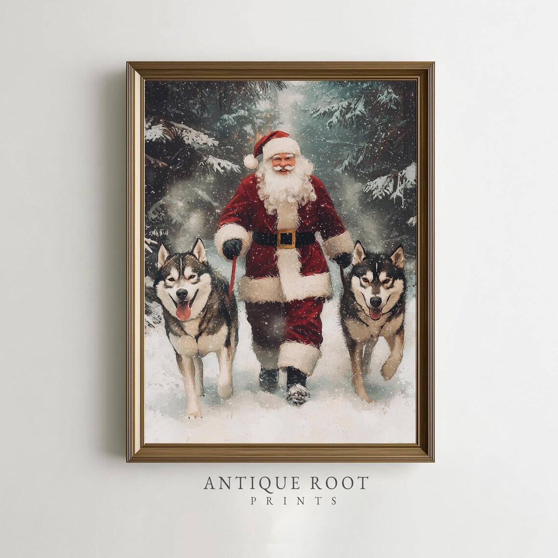 Santa Claus Walking With Two Huskies in a Snowy Christmas Forest Poster