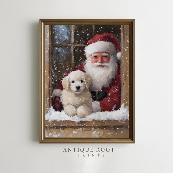 Santa Claus With White Puppy At Snowy Window Vintage Christmas Painting Poster