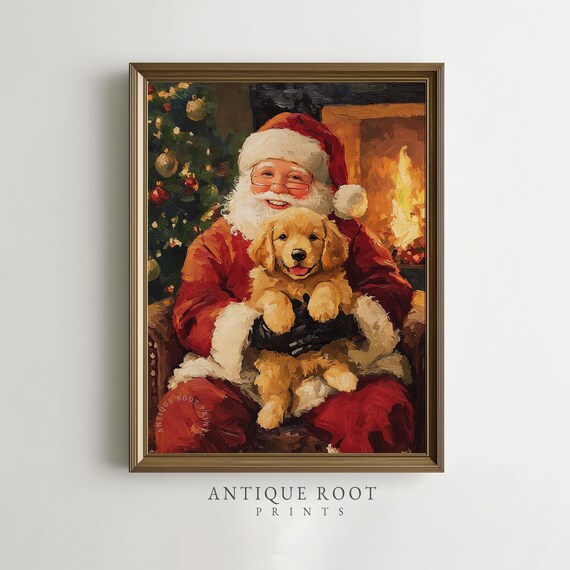 Santa Golden Retriever Puppy Fireside Festive Christmas Print