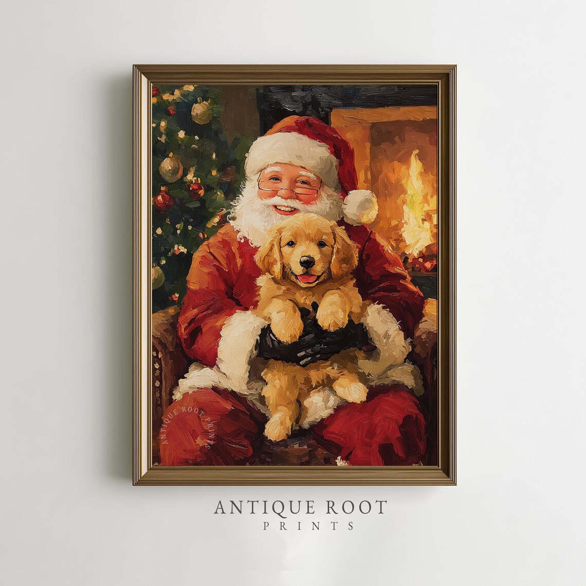 Santa Golden Retriever Puppy Fireside Festive Christmas Print