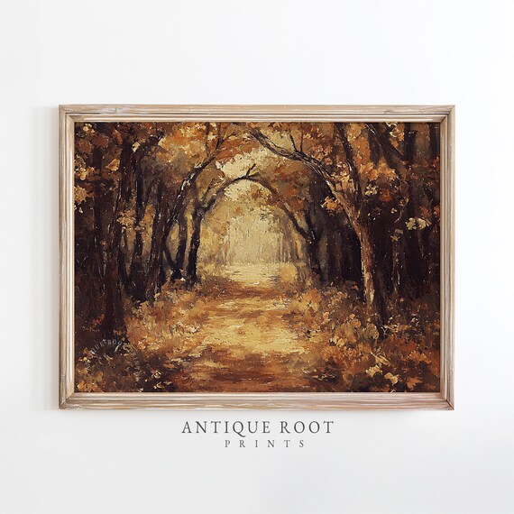 Autumn Forest Path Impressionist Painting Cozy Rustic Wall Art Moody Landscape Warm Neutrals Decor 102